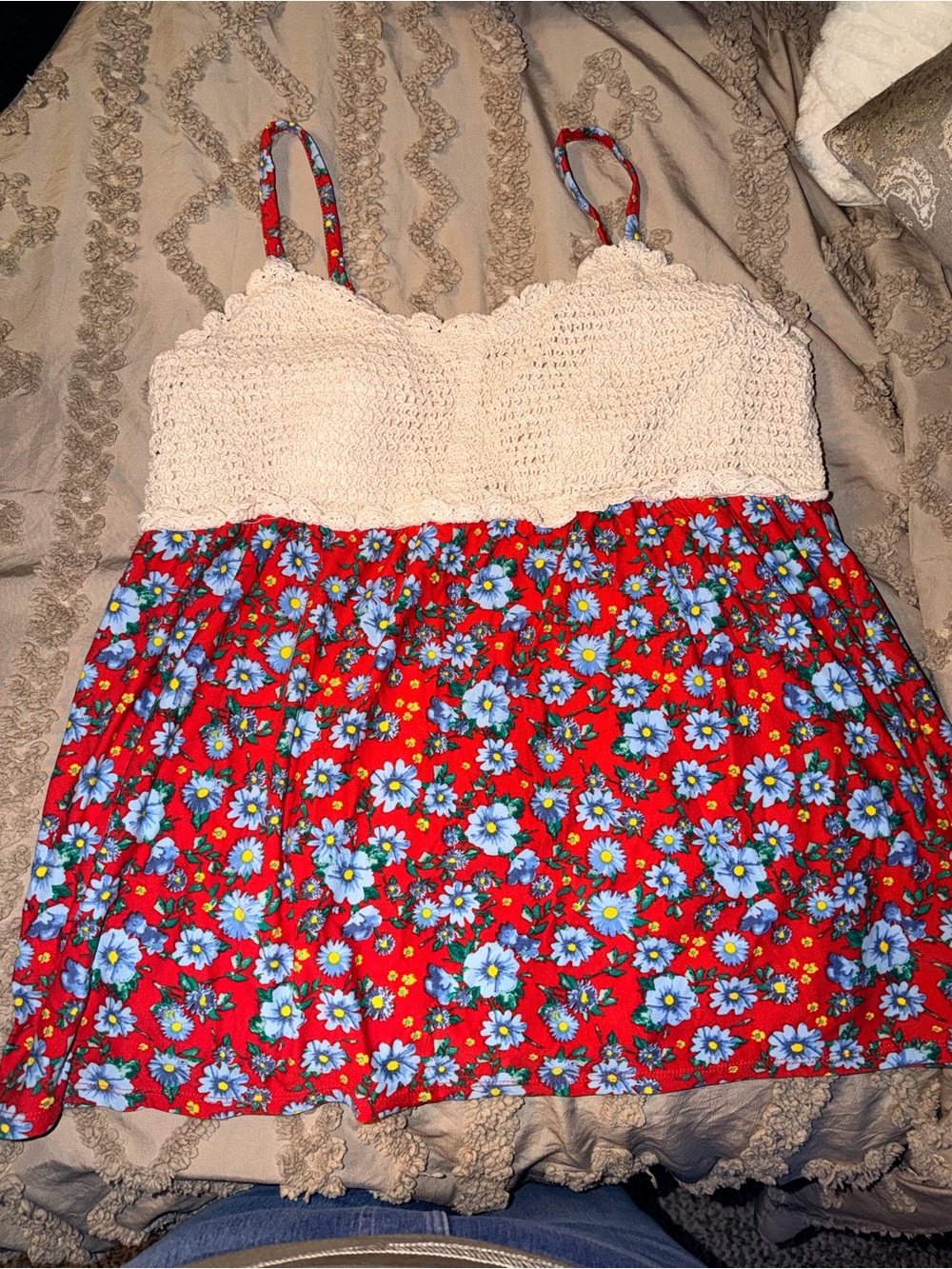 No Boundaries Crochet Cream Top with Red Floral Skirt